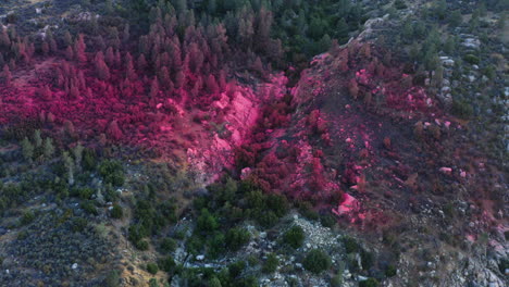 prevención de incendios forestales, retardante de fuego rojo caído sobre el valle del bosque, vista aérea