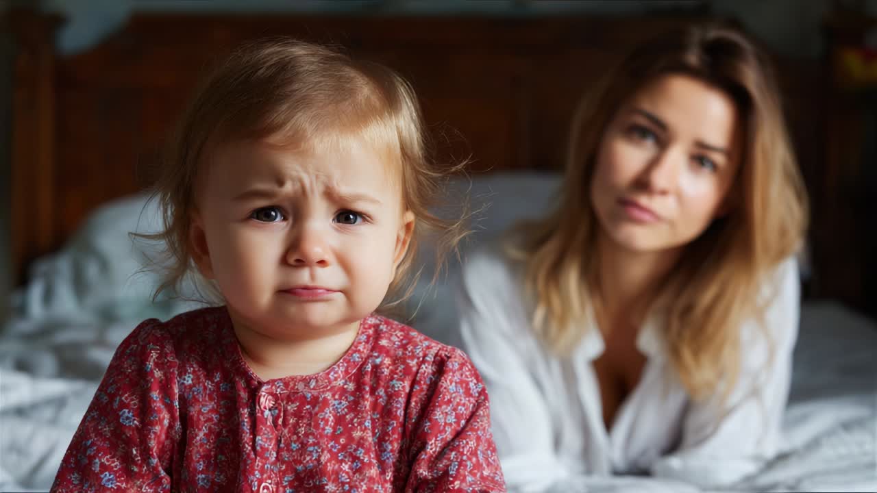 A Tender Moment of Reflection: A Young Child's Expressive Sadness Captured in a Domestic Setting, Featuring the Complex Sentiments of Love and Concern Between a Mother and Her Daughter in Their Bedroom Environment