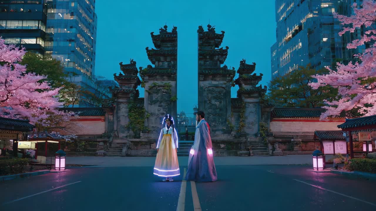 Futuristic Korean Figures in a Neo-Traditional City at Twilight