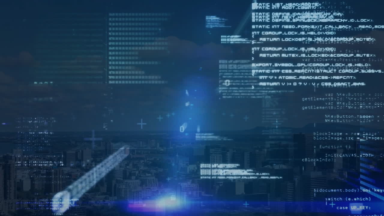 Computer code and data processing animation over cityscape at night
