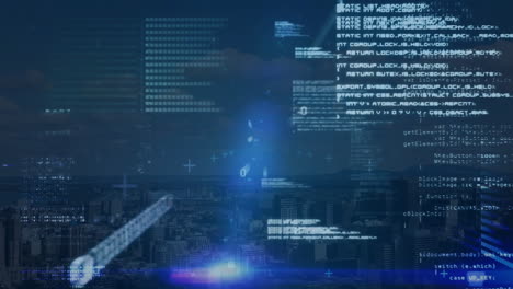 computer code and data processing animation over cityscape at night