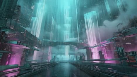 vibrant sci-fi cityscape with ethereal light beams
