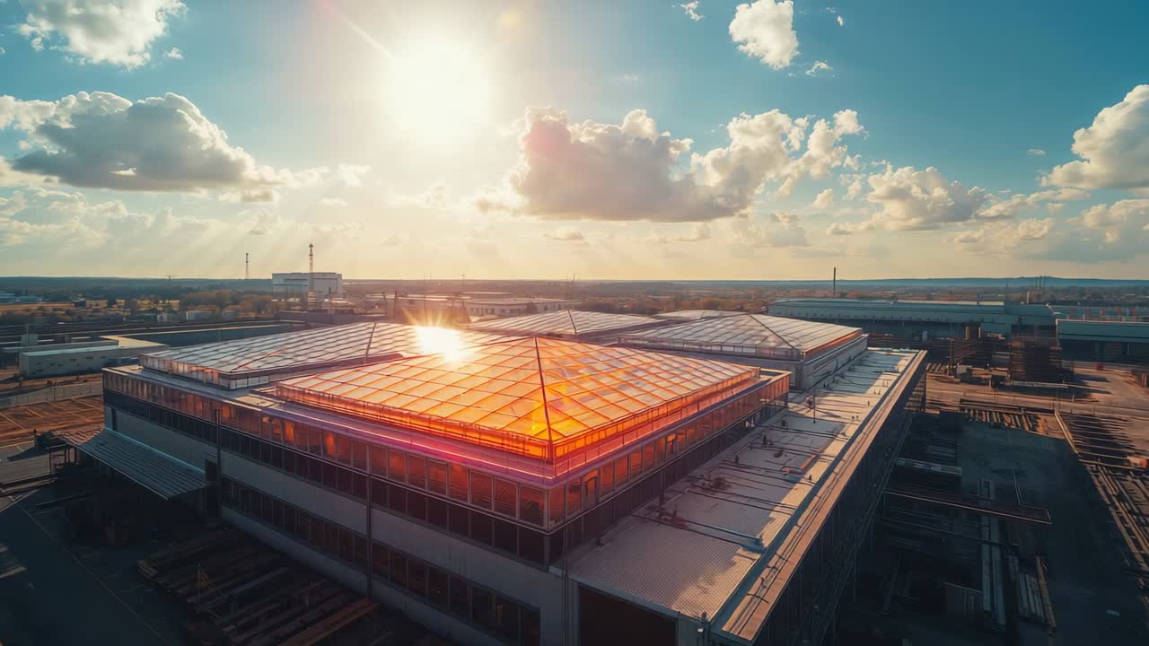Drone taking off and capturing skylight and steel framework on rooftop documenting build at sunrise