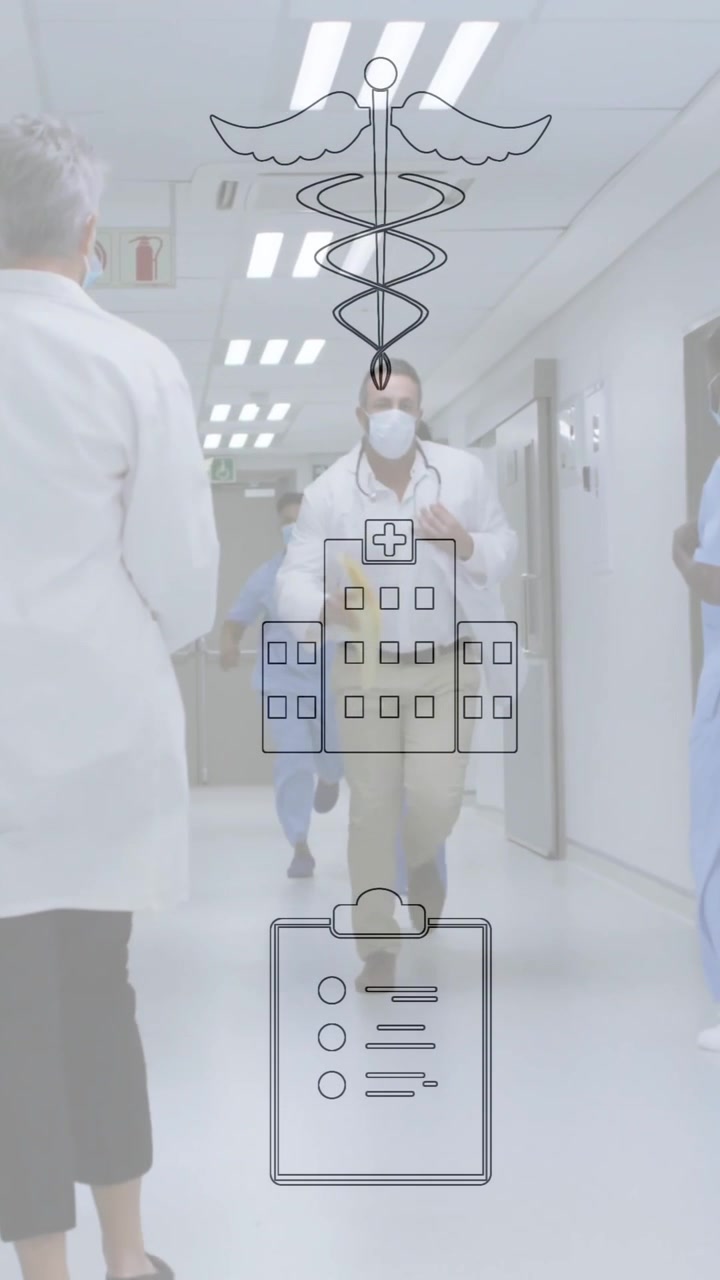 Animação de ícones de saúde sobrepondo profissionais médicos caminhando em corredor de hospital
