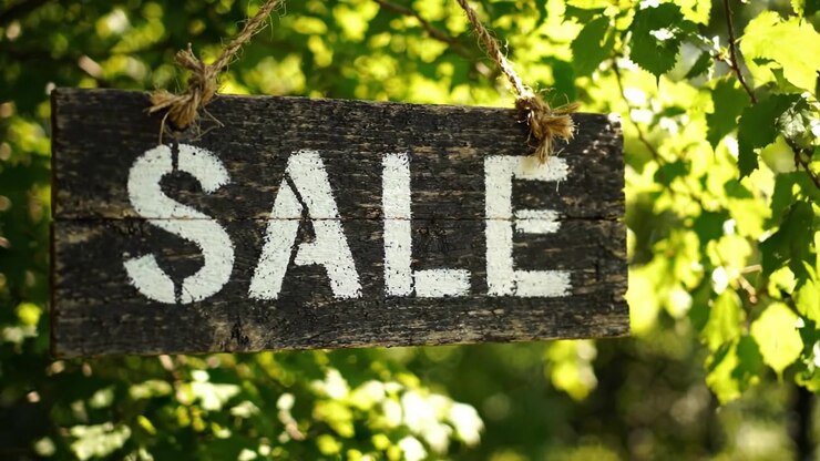 Un cartello rustico di saldi appeso tra una vegetazione lussureggiante, che enfatizza perfettamente sconti e promozioni stagionali in un ambiente naturale.