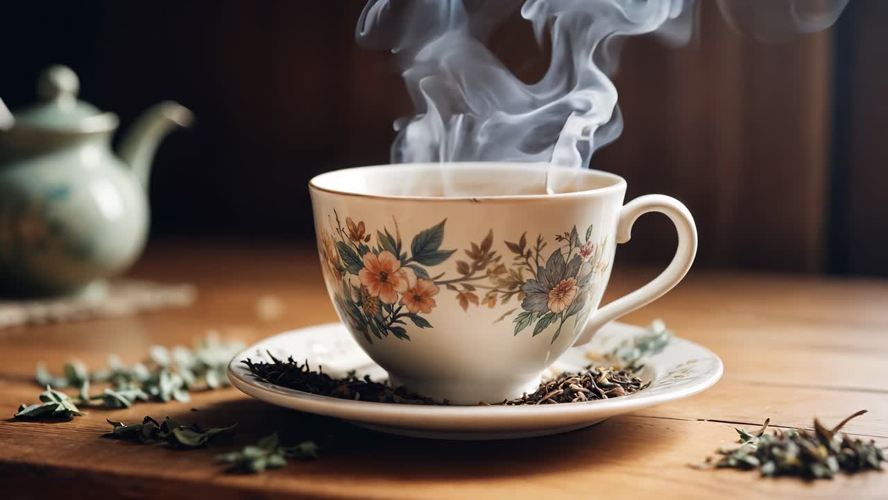 증기가 있는 뜨거운 차 한 잔