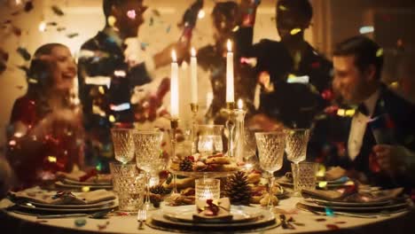 elegant celebration table setting with friends and festive decorations, capturing the joyous moments of a vibrant gathering filled with laughter and cheer