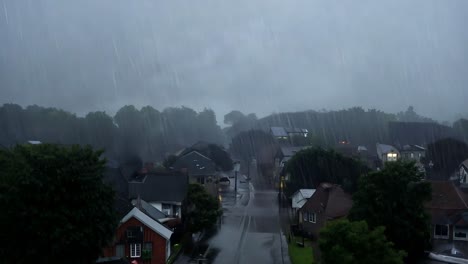 una fuerte lluvia cayendo en una calle de una pequeña ciudad