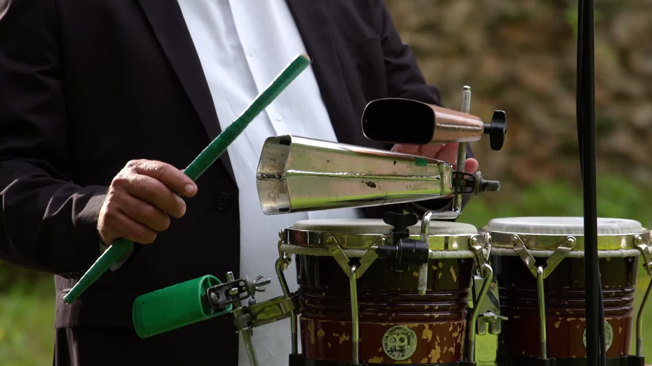 Drum musician playing specific rhythms, close up
