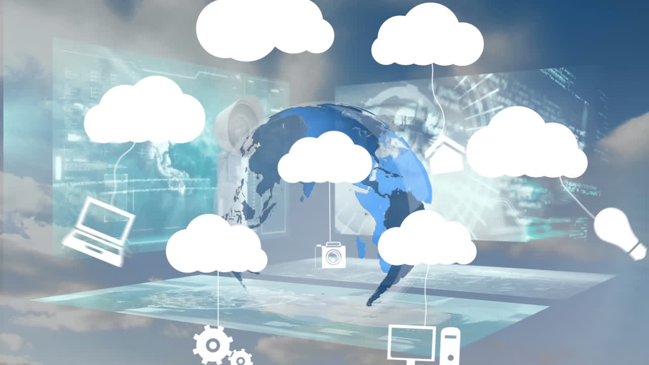 animación de nubes e iconos digitales sobre un hombre de negocios usando una computadora portátil