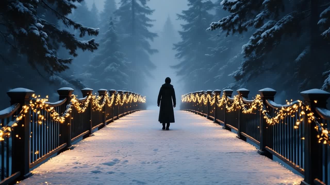Individual dressed in dark clothing walks along a snow-covered bridge, surrounded by tall trees and soft lighting from decorative lights, creating a tranquil winter atmosphere