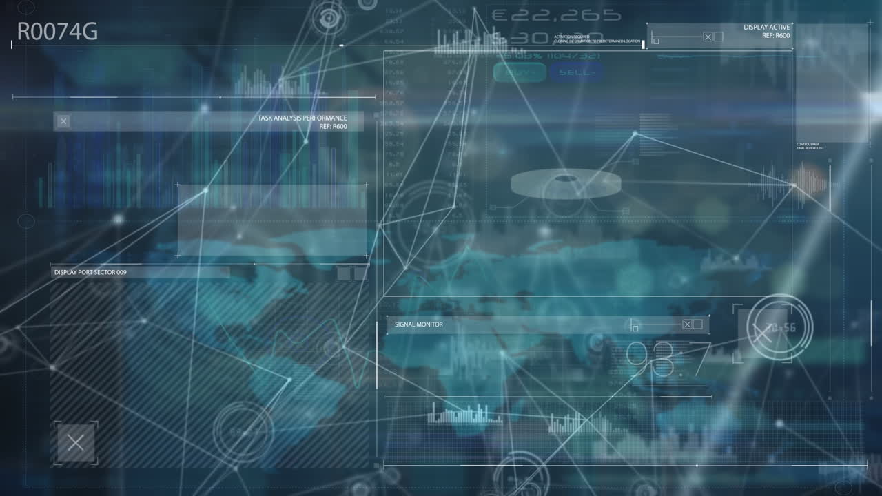 animación de diversos datos y red de conexiones sobre la pantalla con el mapa del mundo