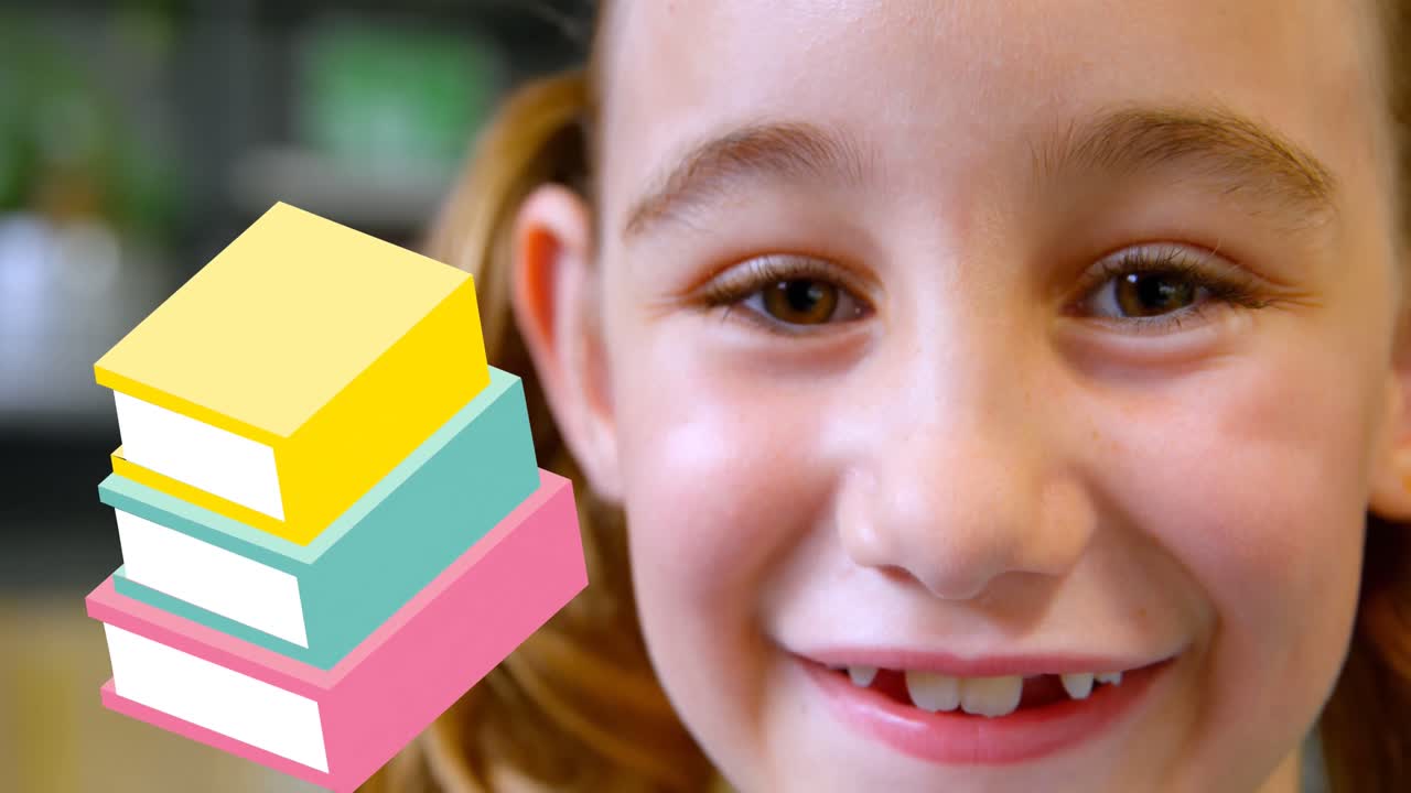 animación de libros moviéndose sobre feliz colegiala caucásica