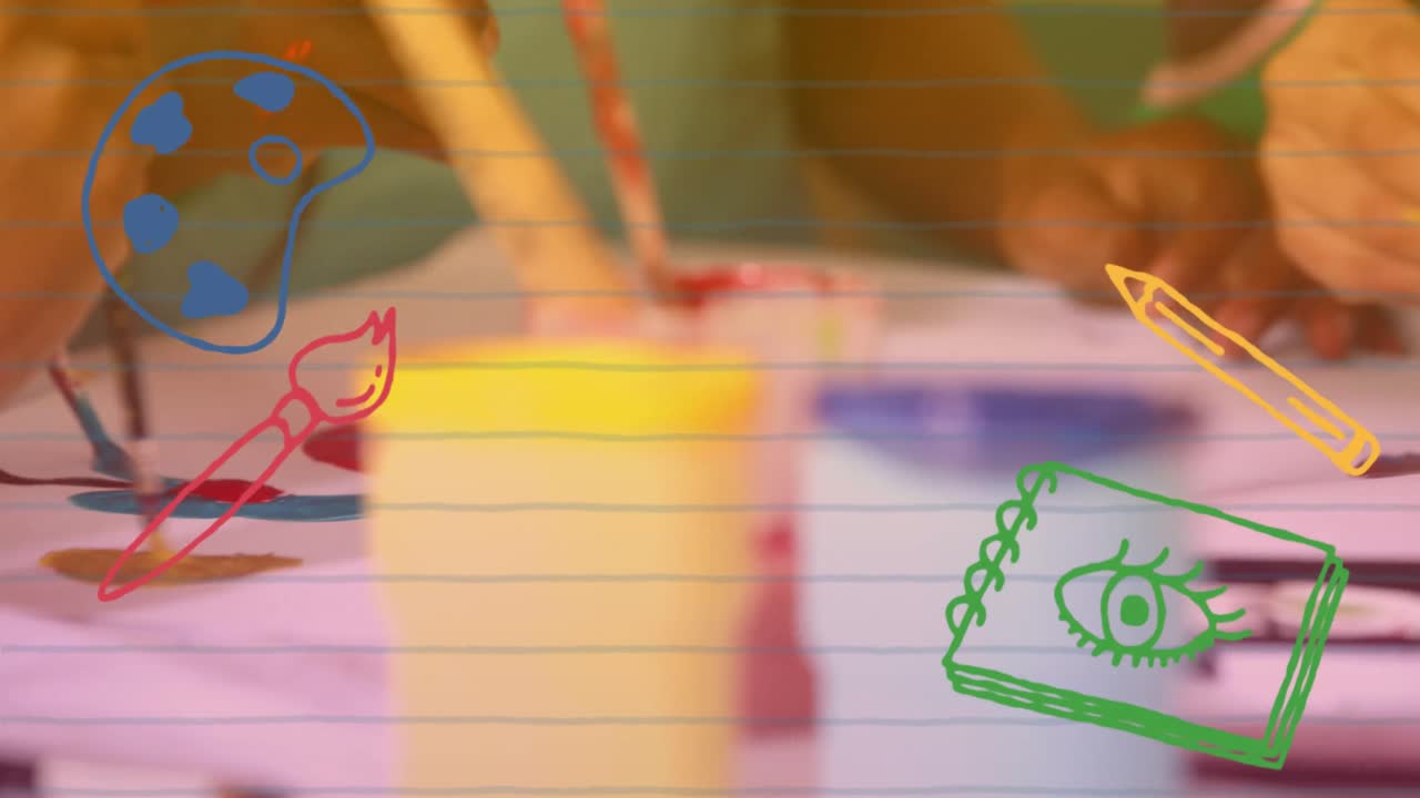 다양한 학교 아이들의 그림 위에 아이콘의 애니메이션