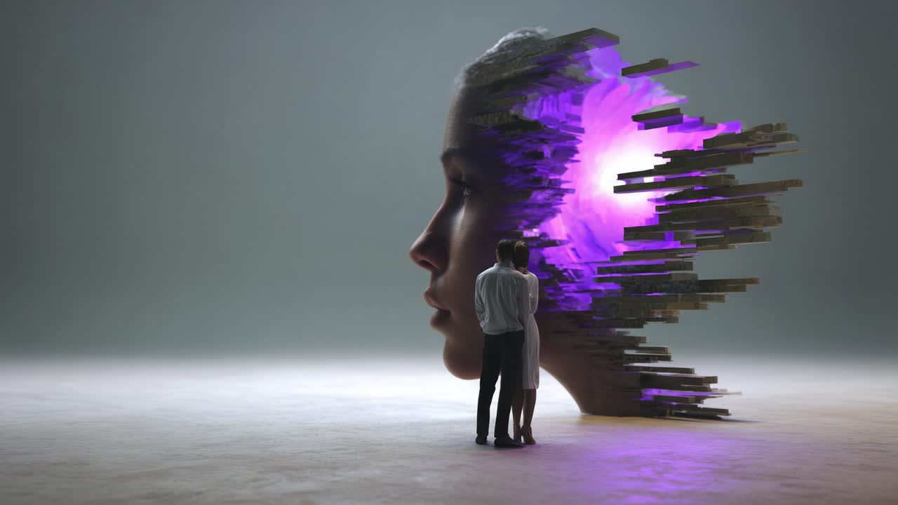 Surreal Encounter: A Man and Woman Stand Before an Emerging Face from the Void, Representing a Mysterious Connection Between Reality and Imagination in a Dreamlike Scene