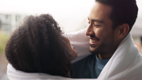 dancing couple, love and blanket for warm