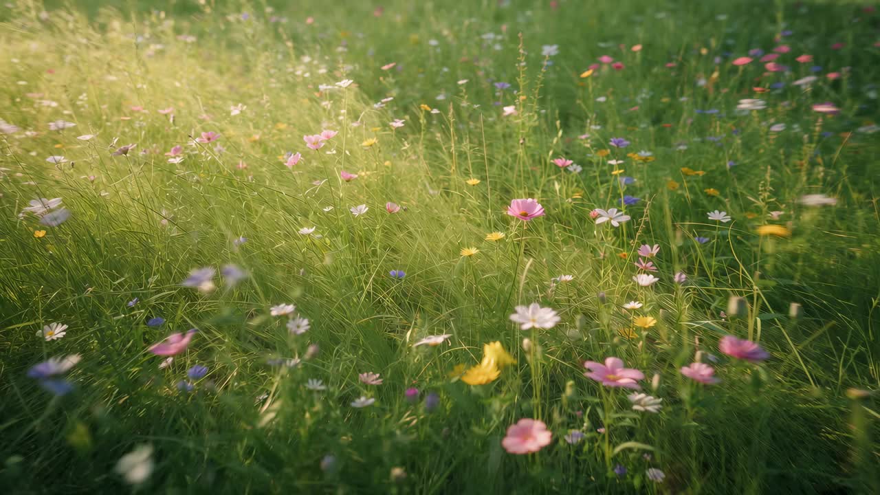 Gliding camera pulling focus across daisies and cosmos in meadow, capturing golden backlight