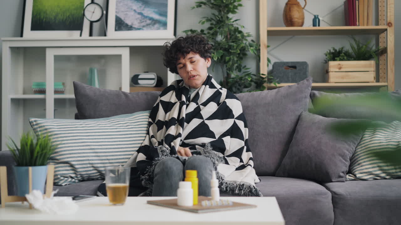 Woman feeling unwell on sofa at home