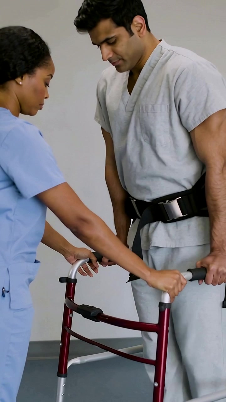 Vertikal video: Stående sykepleier i uniform justerer en mann som holder en rullator, med belte i rehabilitering for gange