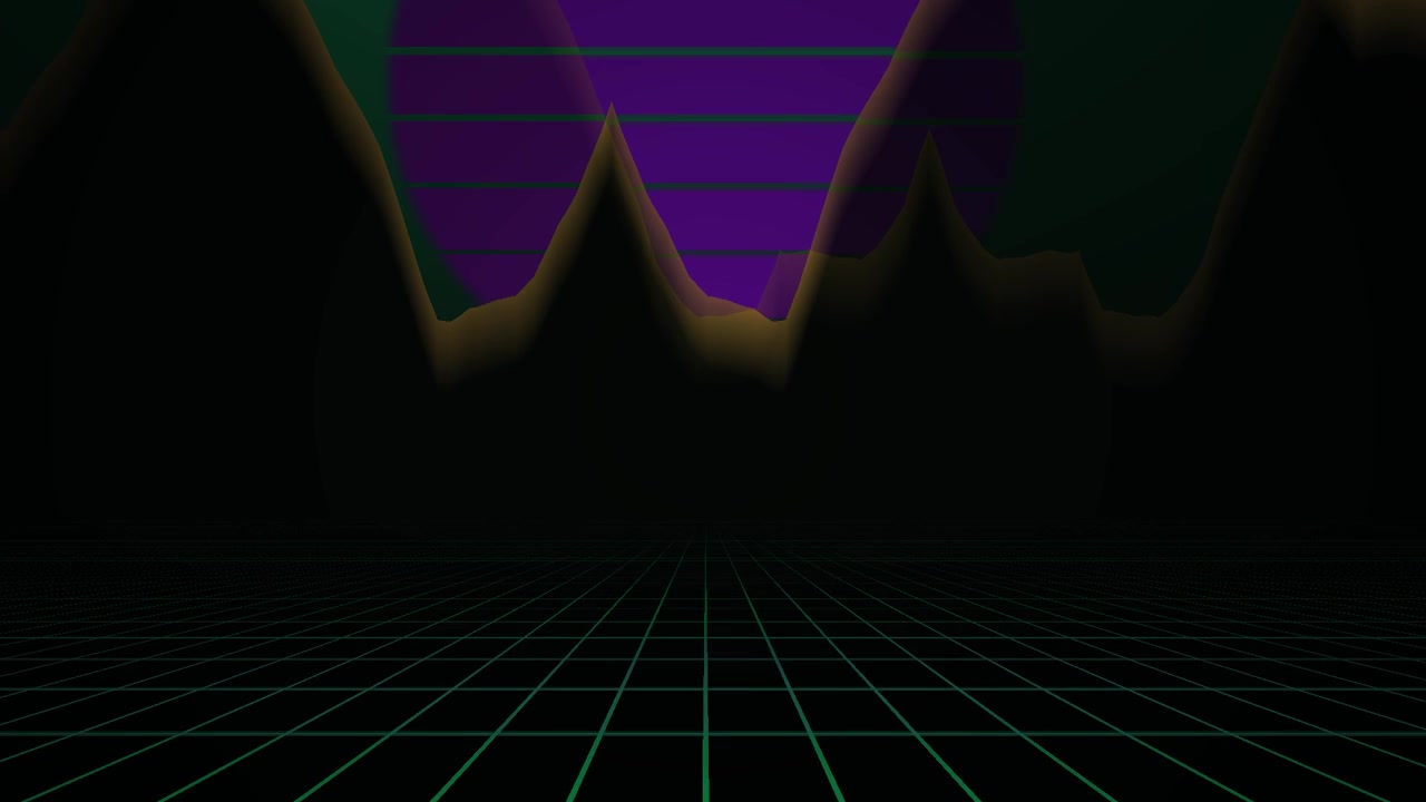 Paesaggio animato retro synthwave con griglia e sole viola