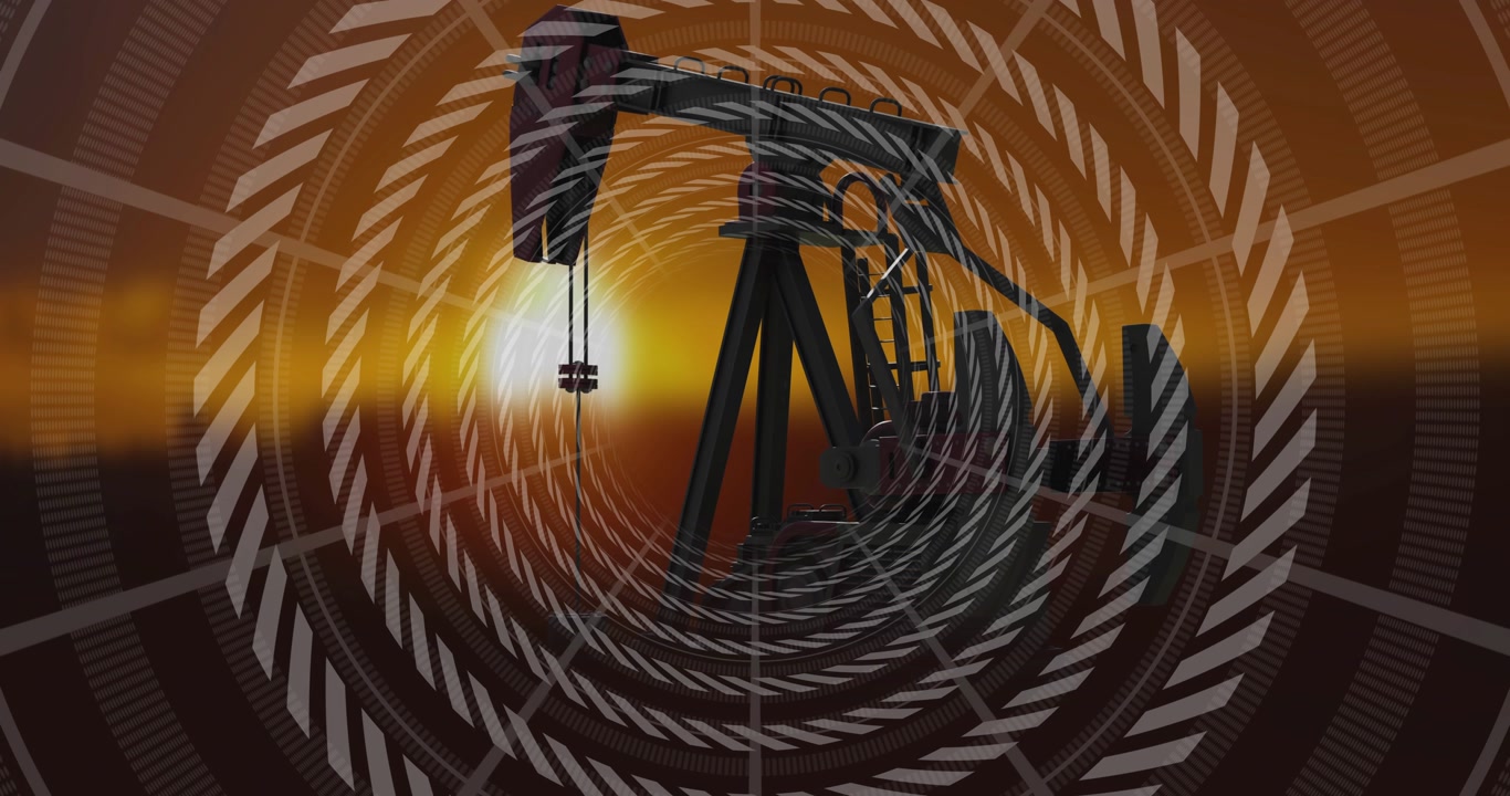 Opening with concentric rings spinning inward and revealing pumpjack silhouette as sun sinking