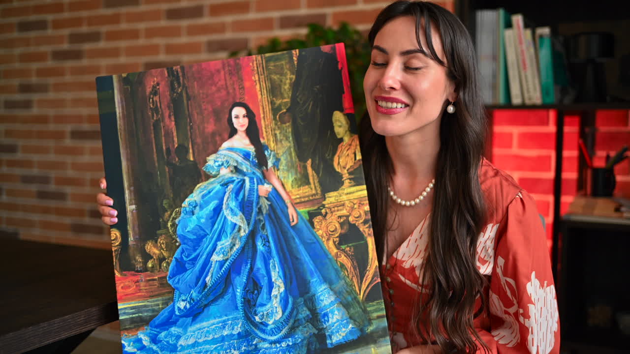 CHISINAU - MOLDOVA, JUNE 06 - 2023: Woman influencer in red dress vlogging on iphone 14 presenting a selfie painting