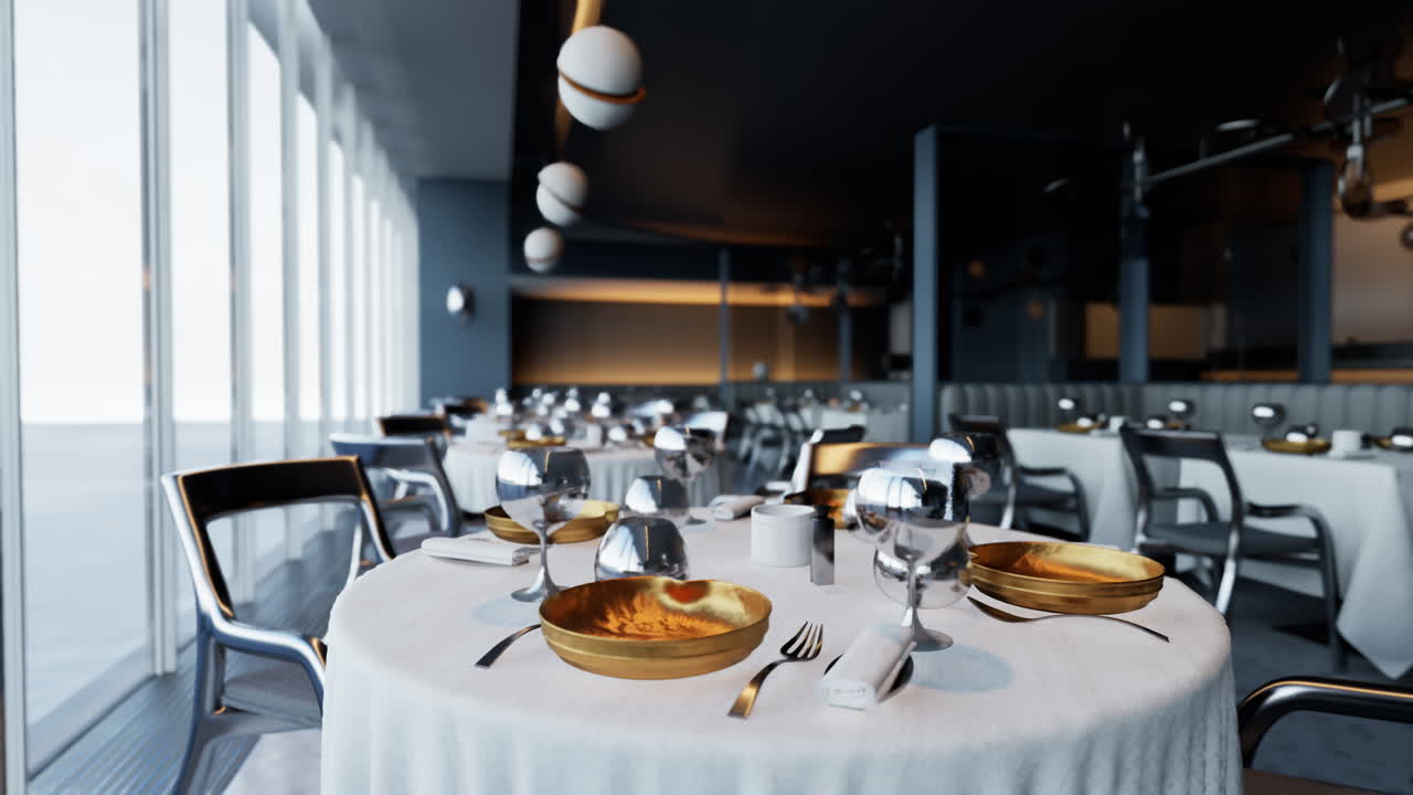 도시 전망을 가진 현대적인 레스토랑 인테리어