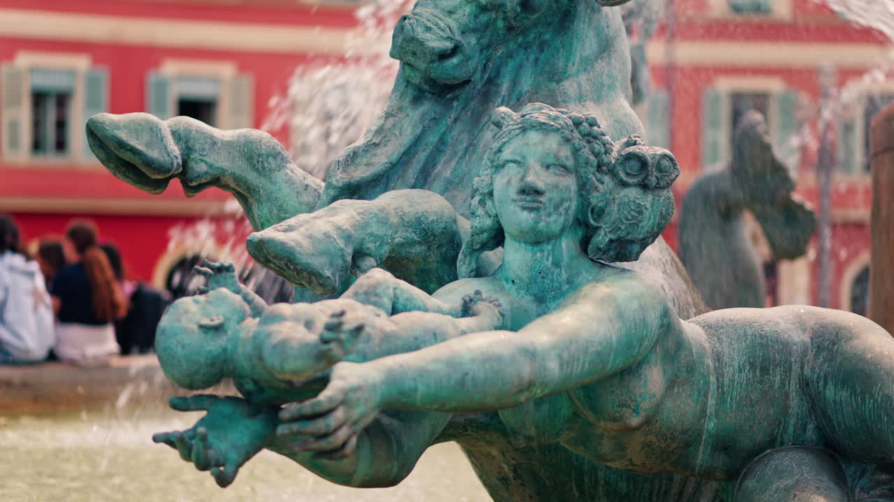 Nice, France - May 12, 2025: Close up of the Sun water fountain in the Massena Square in daylight