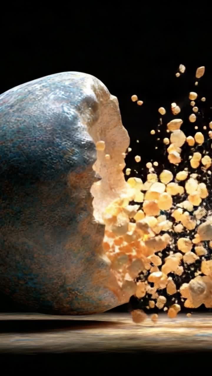 Rompere le barriere: Una visuale mozzafiato di una roccia che si frammenta in schegge gloriose, catturando l'essenza della trasformazione e delle forze naturali in movimento.