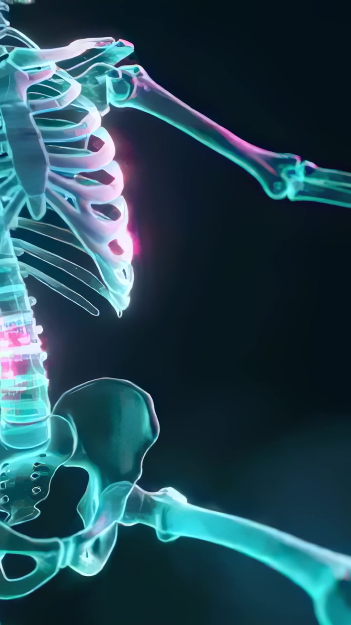 Vertical video: Animating skeleton rotating to center, exposing spine in studio, magenta nodes