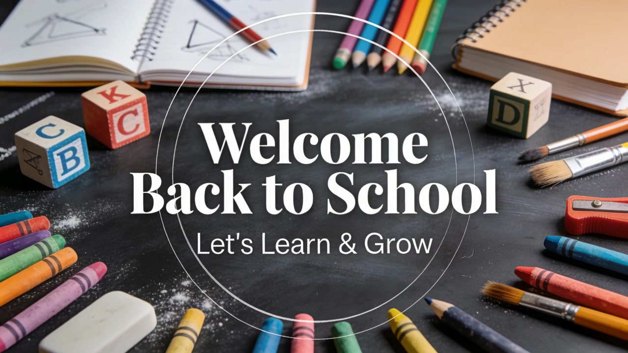 Highlighting Welcome Back to School title, circles intensifying and zooming in on chalkboard desk
