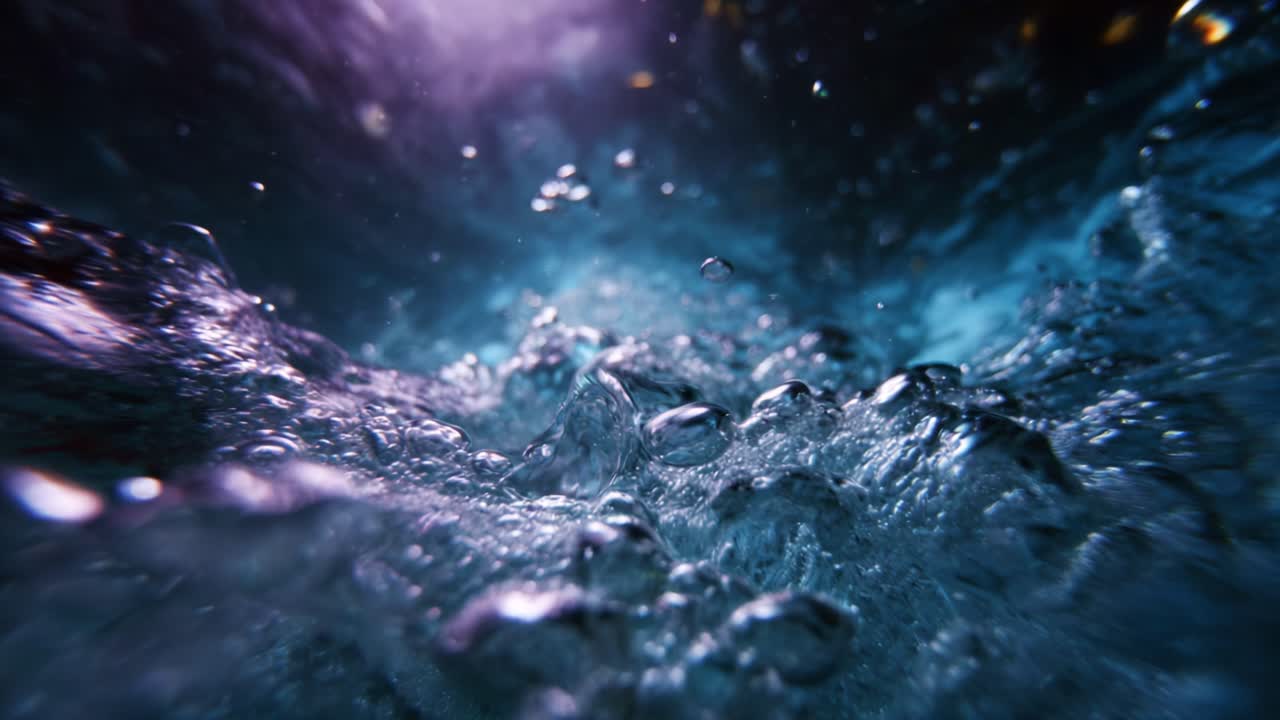 Splendida immagine ravvicinata della superficie dell'acqua con bolle e riflessi di luce catturati in movimento, per un'esperienza visiva fluida e dinamica