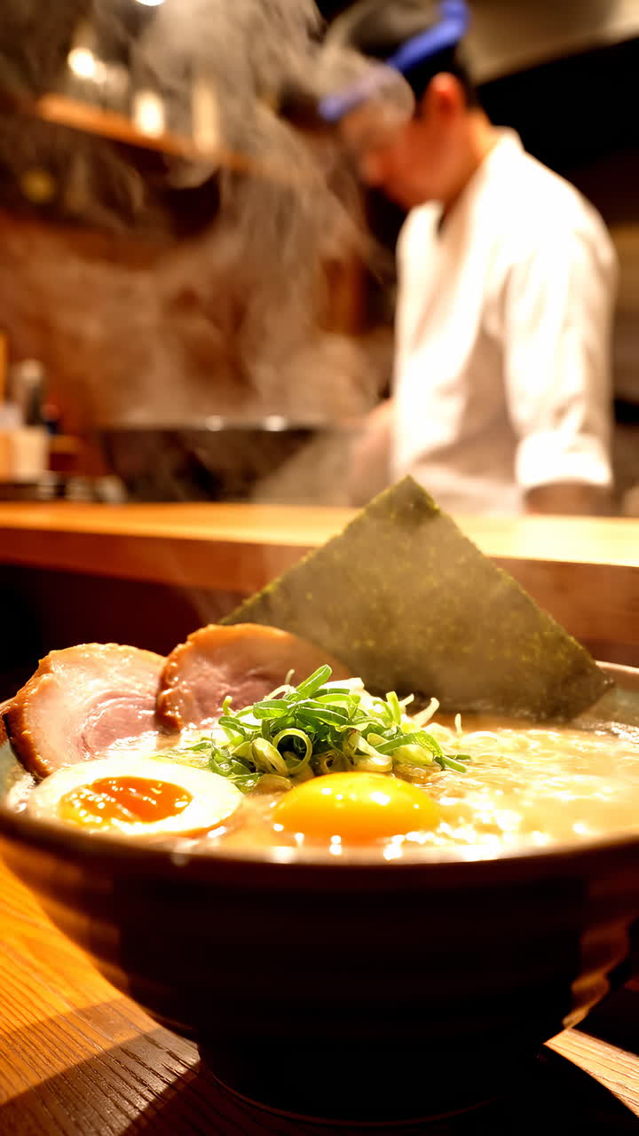 Steaming Ramen Bowl On Wooden Counter With Soft Boiled Egg, Pork, Nori And Scallions, Blurred Chef Working