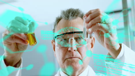 animation of medical data processing on caucasian male scientist performing experiment at laboratory