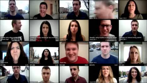 diverse individuals participate in a digital conference, displaying a range of emotions and engagement. the setting is virtual, showcasing multiple faces in a grid format.