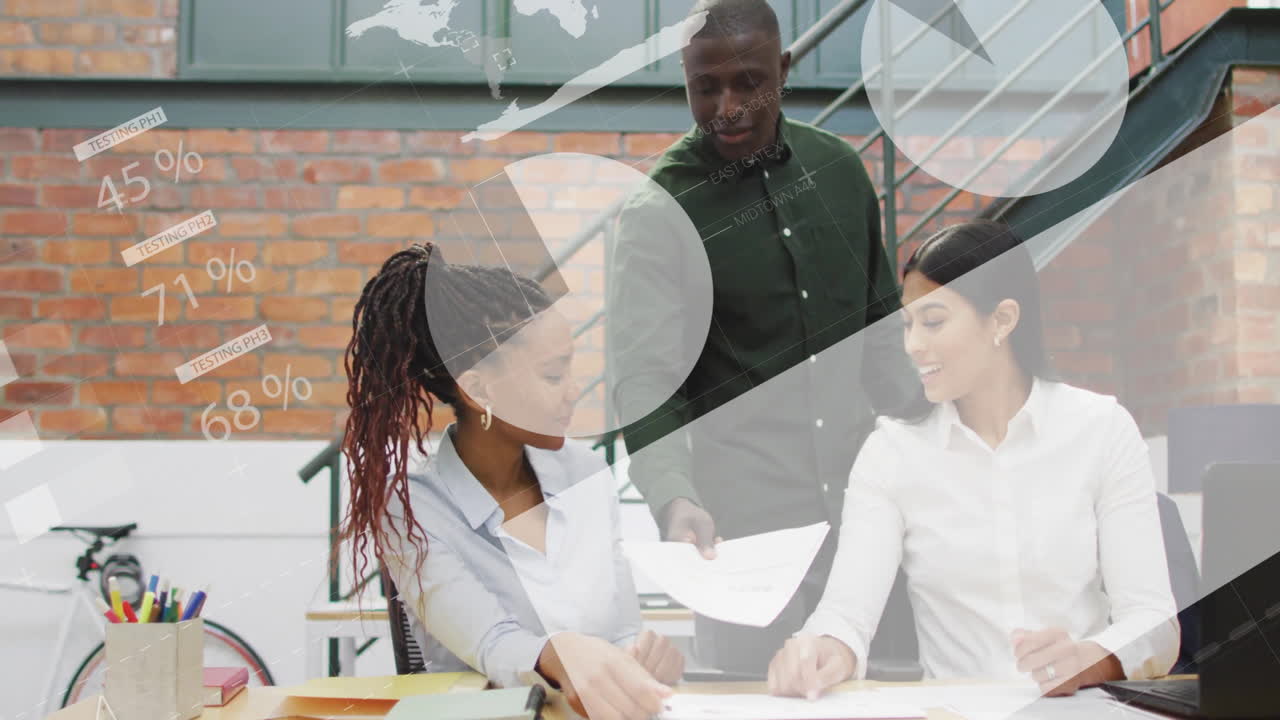 Discussing documents, diverse team in office with data processing animation overlay