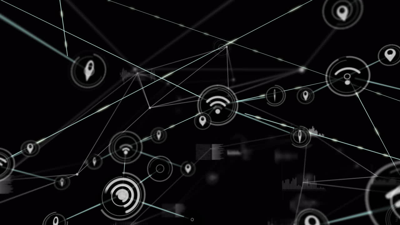 Animation of icons connected with lines, graph and database moving on black background
