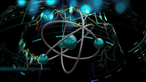 animation of atom spinning and digital data processing over black background