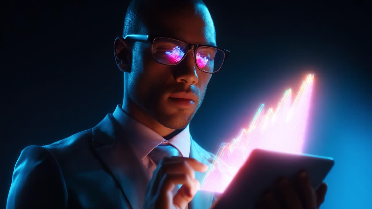 A focused individual with glasses and a suit analyzes futuristic digital data on a tablet, displaying vibrant, colorful graphs and trends as they engage with advanced technology in a high-tech environment
