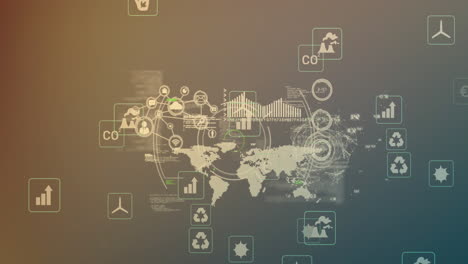 animación de iconos sobre gráficos e iconos conectados en el mapa en contra del lenguaje informático
