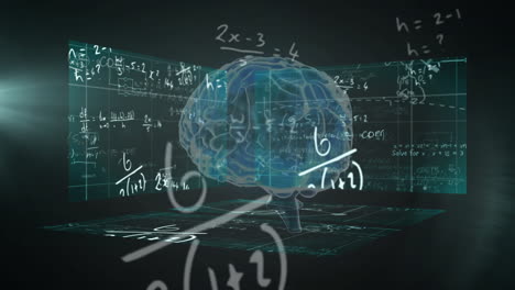 animación de ecuaciones matemáticas y diagramas con cerebro humano digital sobre un fondo abstracto