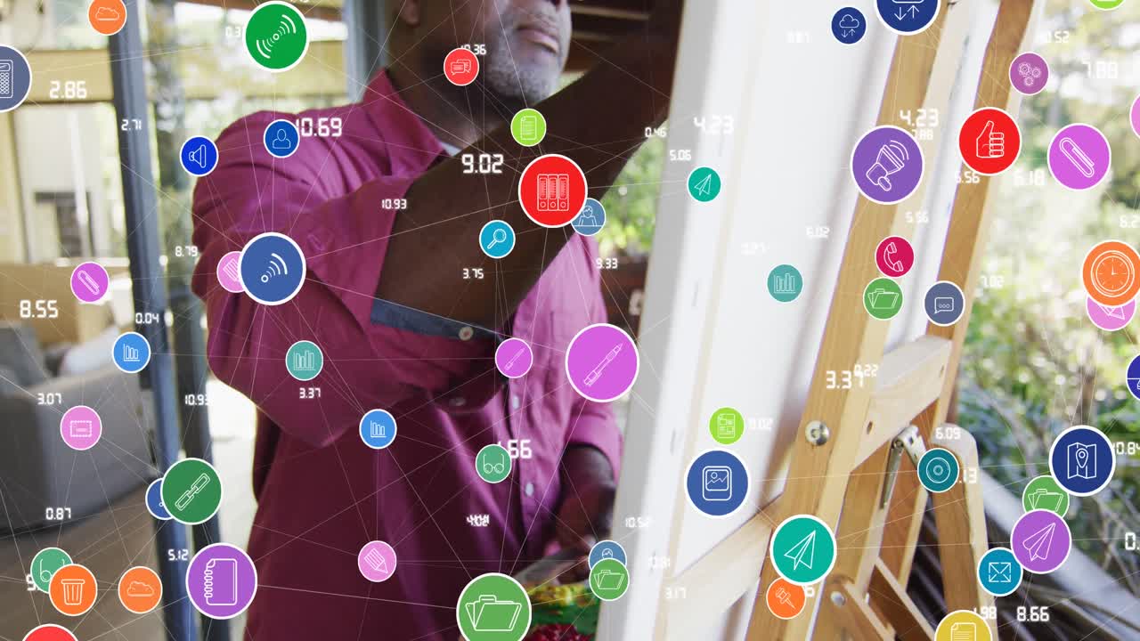 animación de iconos de las redes sociales sobre la pintura de un hombre afroamericano