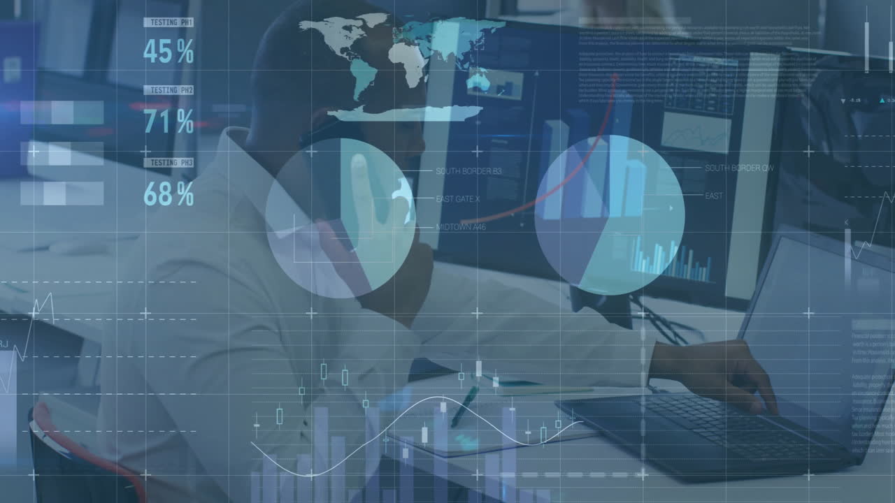 animación del procesamiento de datos financieros sobre un empresario afroamericano que usa un teléfono inteligente