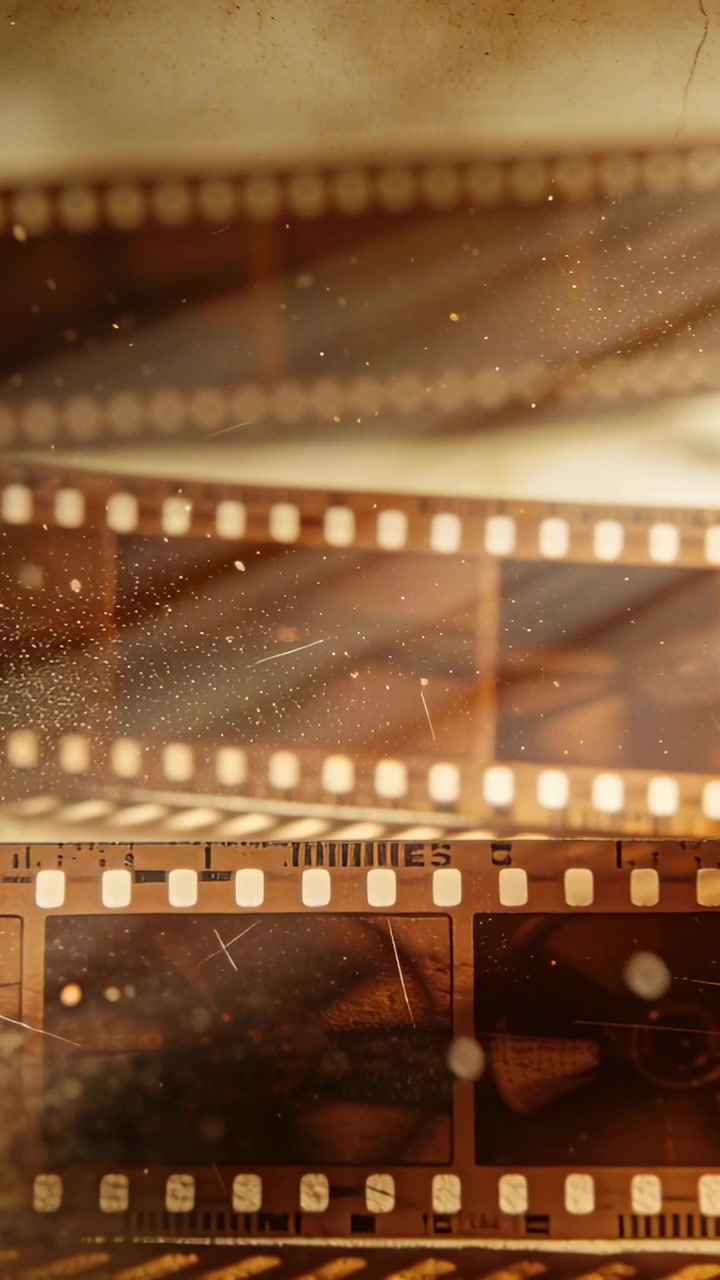 Video verticale: Telecamera che panoramica una pellicola, rivelando negativi e polvere in primo piano per l'archivio.