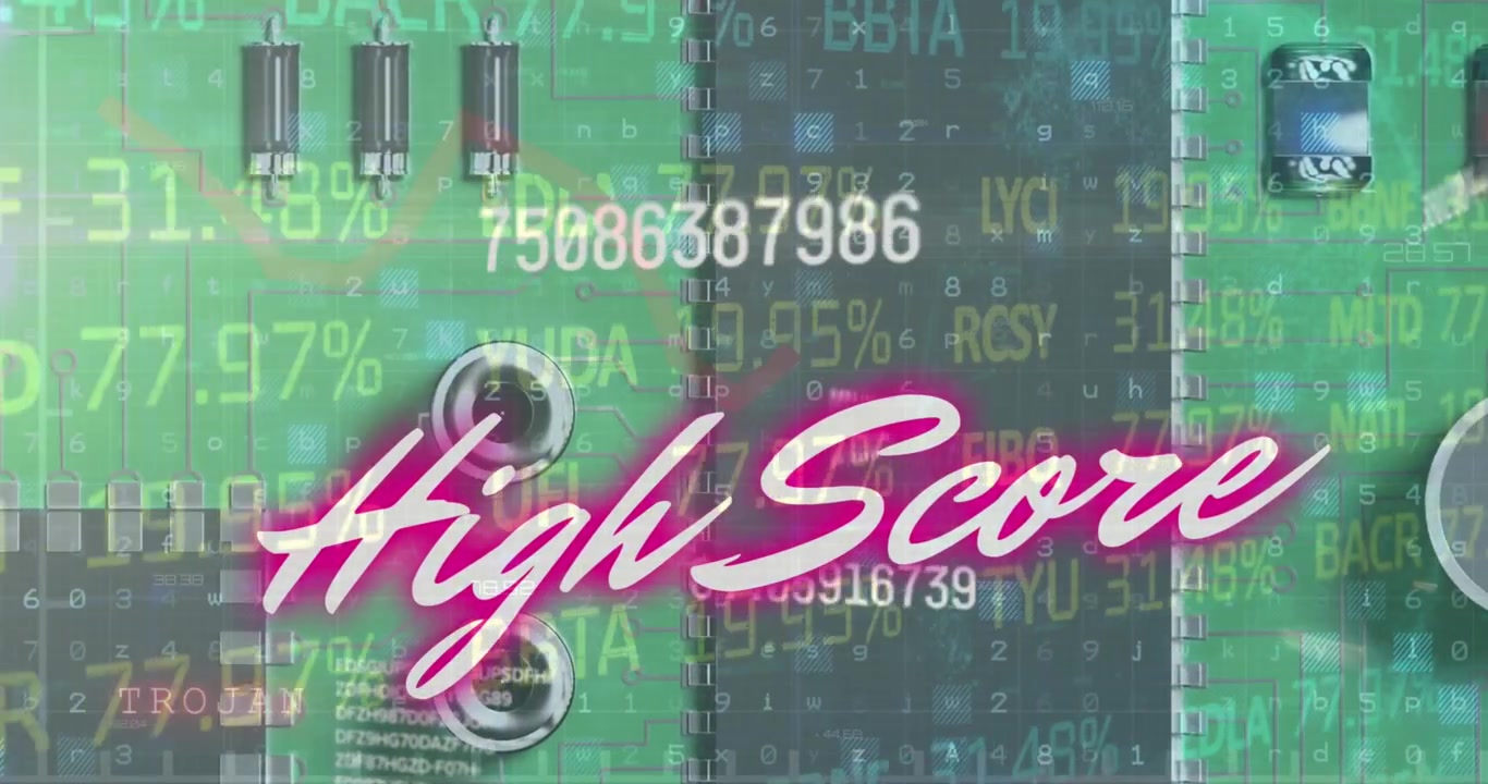 Animation av text för höga poäng och databehandling över en datorserver.