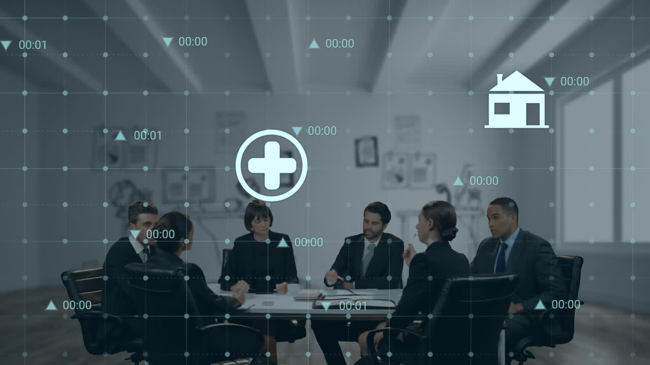 데이터 프로세싱 및 미디어 아이콘의 애니메이션이 사무실에서 다양한 비즈니스 사람들 위에 있습니다.