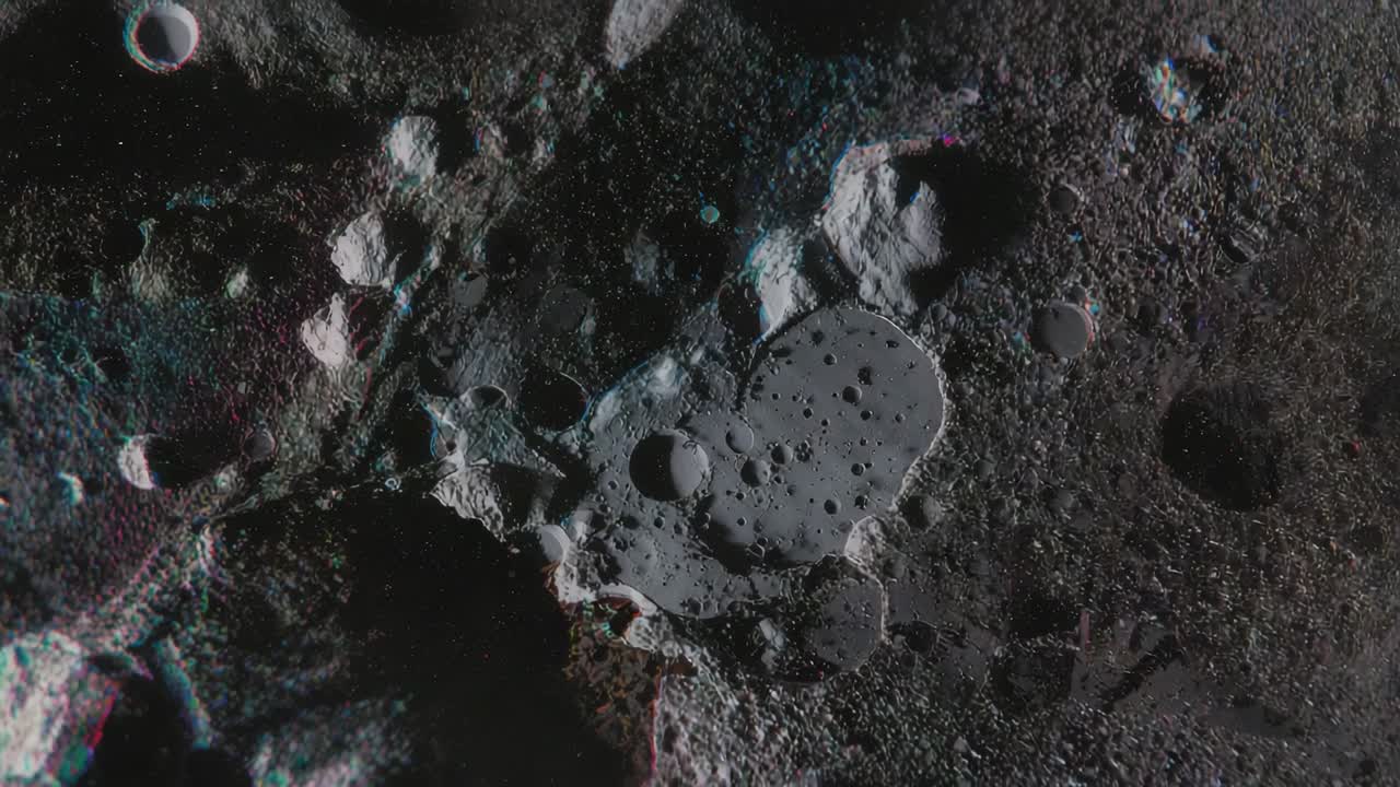 Panning lunar surface rightward in lunar orbit, revealing large oval crater and rocky outcrops