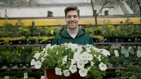 botanical beauty: smiling florist holding plants in green uniform at specialized store