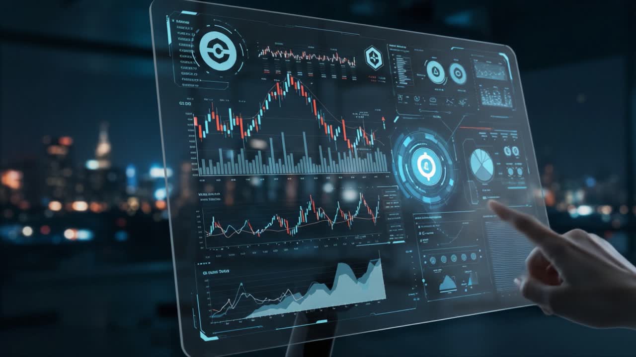Advanced Data Analytics Interface Showcasing Interactive Graphical Elements and Financial Metrics in a Modern Urban Environment