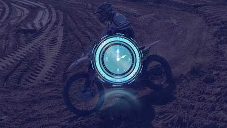animación de reloj sobre un piloto de motocross en una pista de tierra
